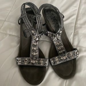 New York Transit bejeweled pull-on silver toned wedge, size 9.